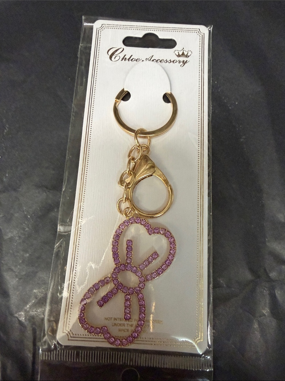 Gold Keyring with Pink Crystal Bow Charm